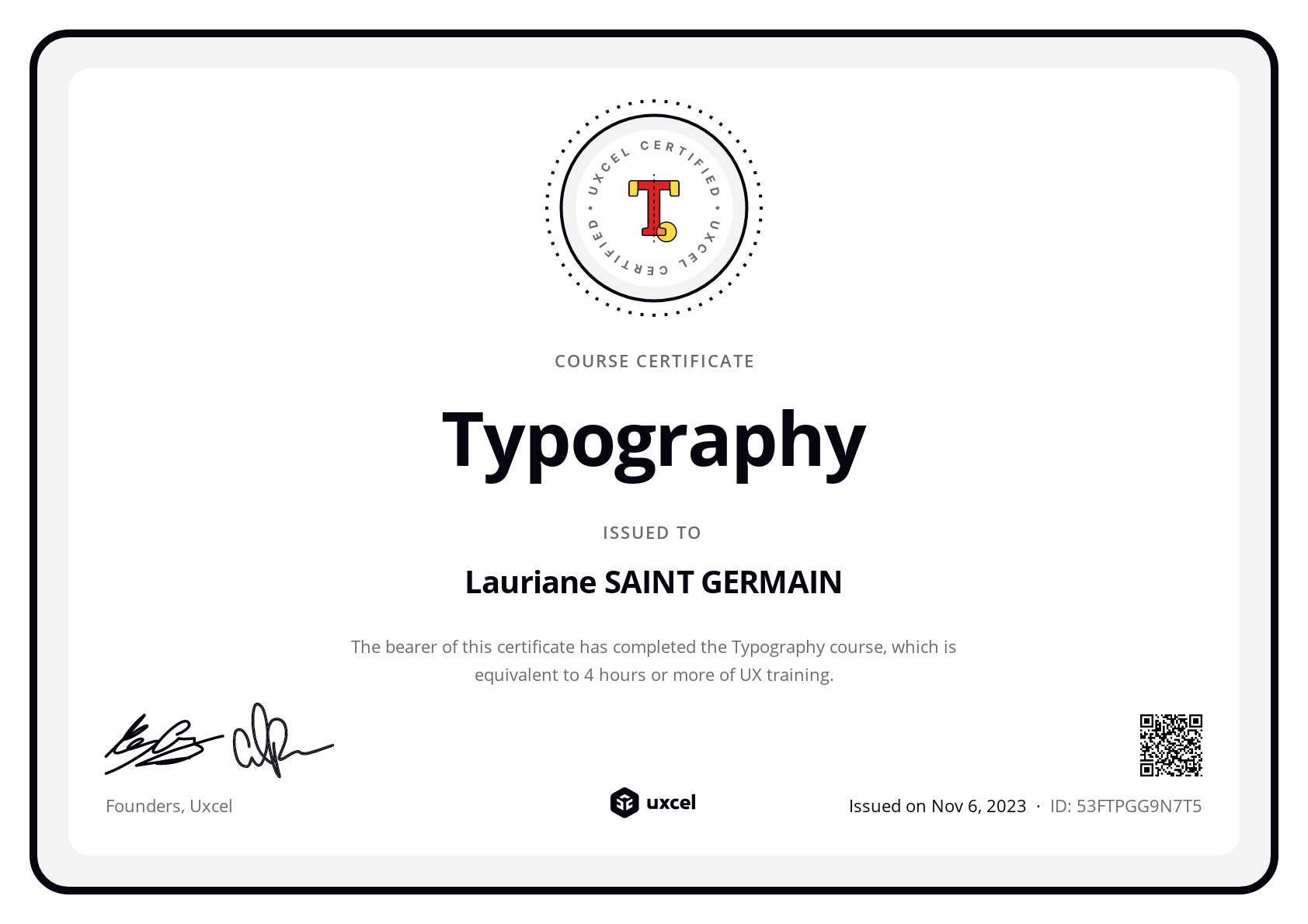 Lauriane SAINT GERMAIN's certificate